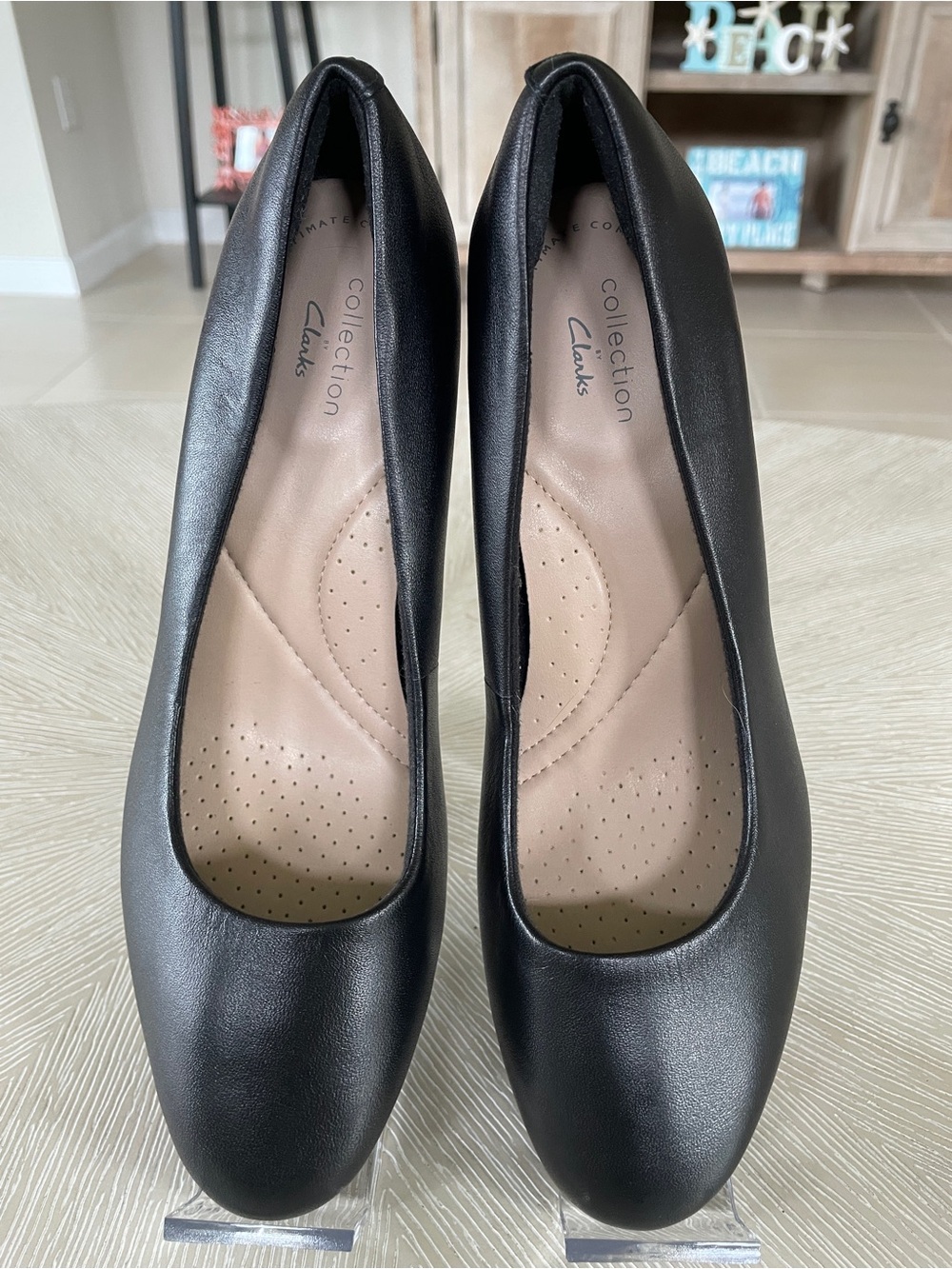 Clarks Black Leather Rounded Toe Heels